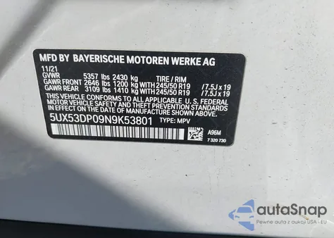 2022 BMW X3 xDrive30I из США, поврежденный, VIN 5UX53DP09N9K53801